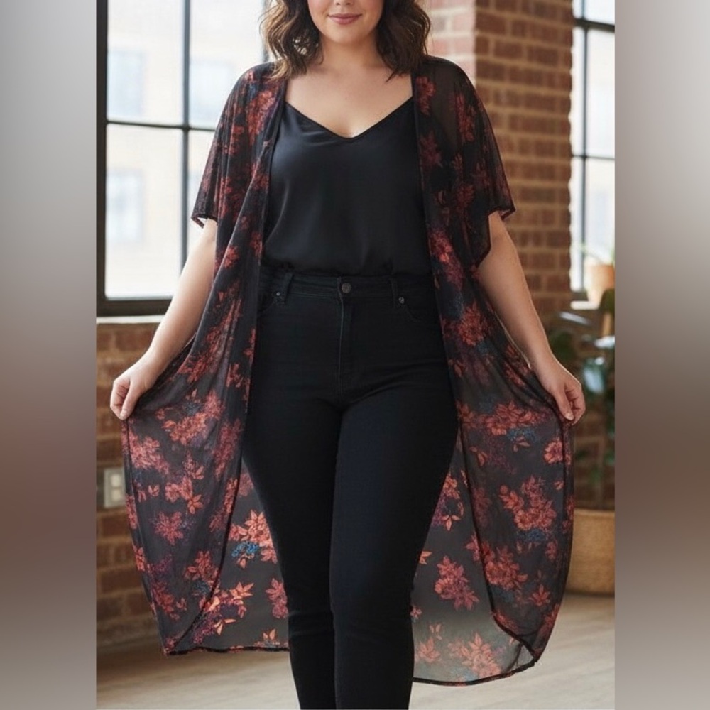 Torrid Women’s Kimono Plus Size 1X/2X Floral Black Orange Blue Sheer Hi-Low NWOT